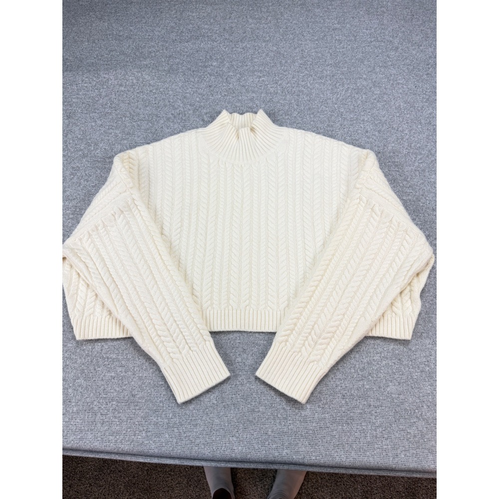 Banana Republic Womens Cream Cable Knit Mock Neck Cropped Sweater L Wool Blend
